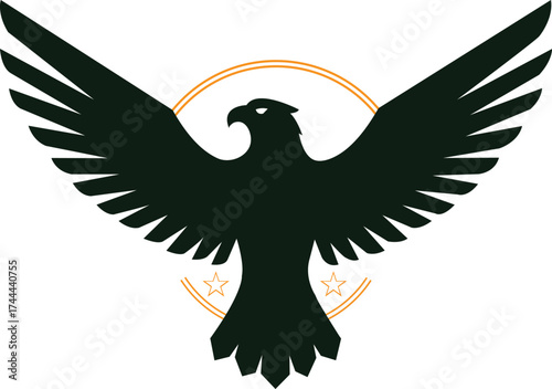 Silhouette of a majestic eagle with outstretched wings and a golden halo against a white background symbolizing power and freedom