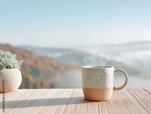 Steaming Coffee Mug on a Rustic Wooden Table Overlooking Misty Autumn Mountains, Capturing a Serene Morning Landscape