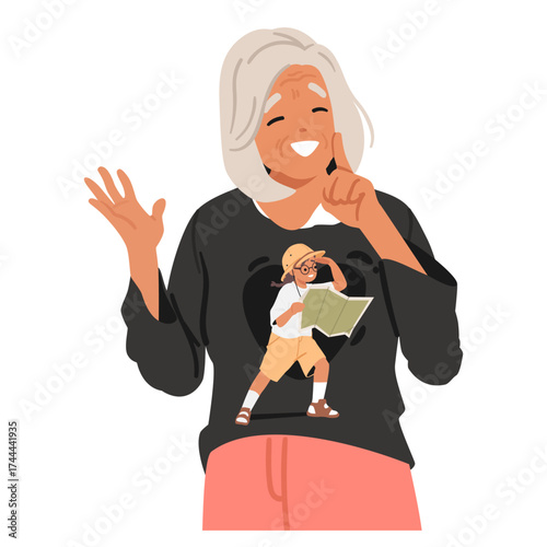 Happy inspired grey-haired elderly woman with curious inner girl child researcher cartoon portrait