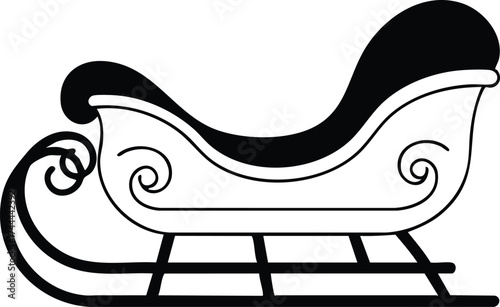 Christmas sleigh icon with decorative scrollwork and curved runners in black and white vector illustration 