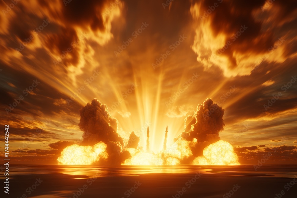 Fototapeta premium Rockets ascending into the sky with dramatic clouds and vibrant sunset in a wide panoramic view