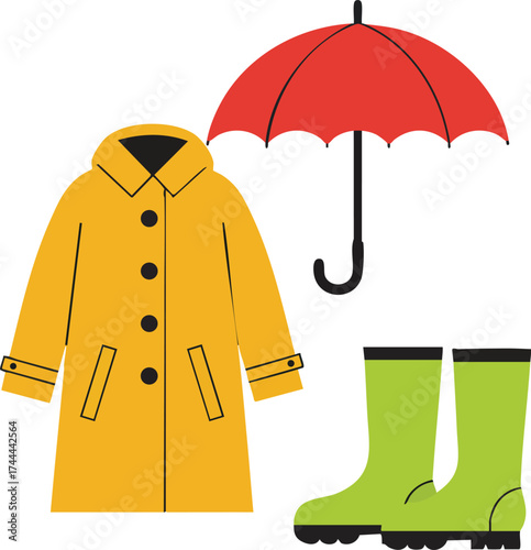 Raincoat umbrella and rain boots set with yellow red and green colors for rainy weather preparation vector illustration 