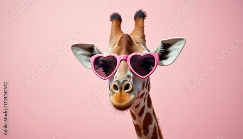 Giraffe wears pink heart sunglasses on plain pink background. This playful, stylish animal portrait conveys fun, fashion, and a sense of love or admiration.