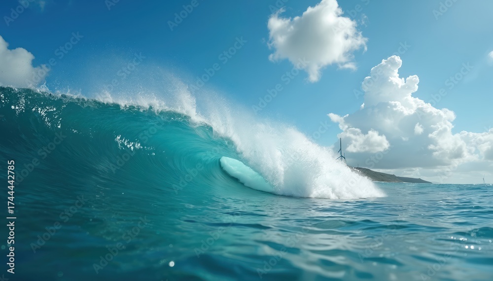 Fototapeta premium Massive ocean wave crashes forming a tube shape under a bright blue sky with white clouds. This powerful water movement shows nature force in a coastal setting.