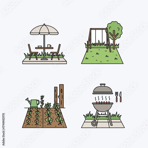 Charming garden scenes with patio furniture swings and barbecue grilling
