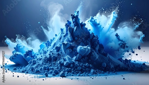 A vibrant pile of blue powder erupts in a colorful explosion of light blue