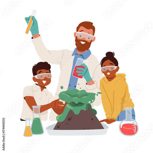 Happy teacher and children wearing protective goggles making laboratory chemical experiment
