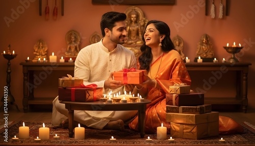 Couple exchanging gifts during a festive celebration with candles.