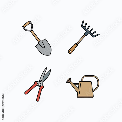 Set of garden tools including shovel rake secateurs and watering can vector illustration