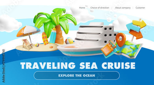3D website banner with a liner, palm tree, island, ticket, map, sun lounger, and sea cruise.