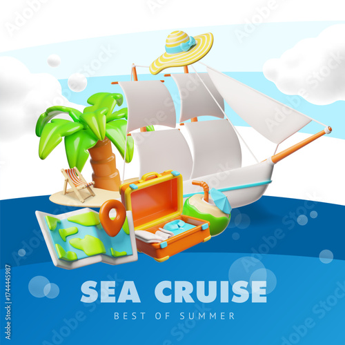 3D poster of a yacht cruise, with sailboats, map, palm tree, deck chair, hat, and map.