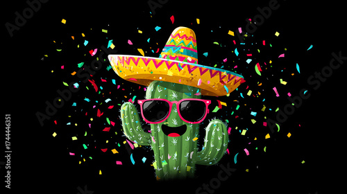 Cactus wearing sombrero and sunglasses celebrates during a joyful fiesta with colorful confetti in a festive atmosphere