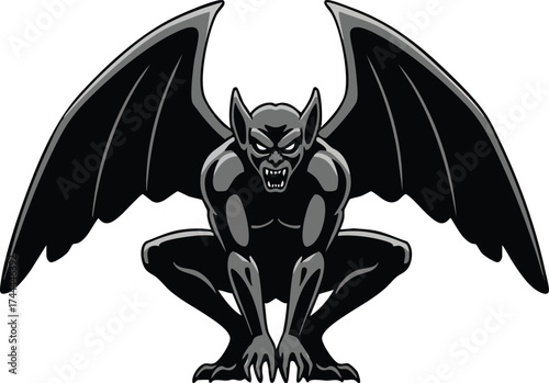Black Gargoyle Statue with Spread Wings Crouching Illustration Vector Art Design