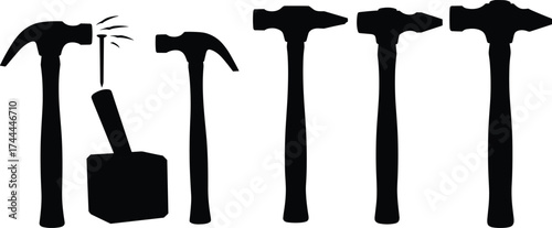Hammer silhouettes, claw hammer, sledgehammer, mallet tools, construction equipment, carpenter tools, repair instruments, black icons, industrial hardware, maintenance, building, engineering