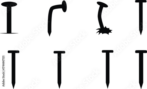 Nail silhouettes, bent nail, straight nail, damaged nail, construction tools, hardware icons, repair equipment, industrial illustration, black symbols, carpentry, maintenance