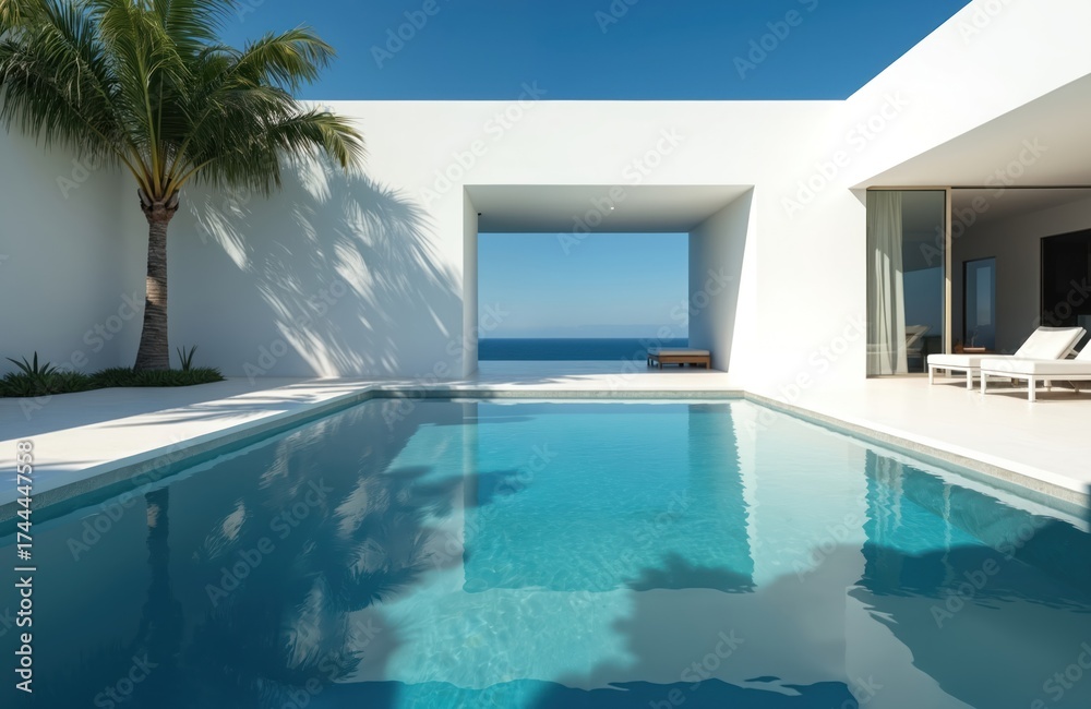 Fototapeta premium Modern villa with clean lines, infinity pool, and ocean view. White architecture, palm trees, sunny day. Luxury resort getaway, serene vacation home design.