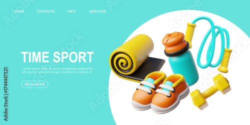 Time sport 3D cartoon plastic style vector landing page design, fitness gym equipment, dumbbell, jump rope and yoga mat