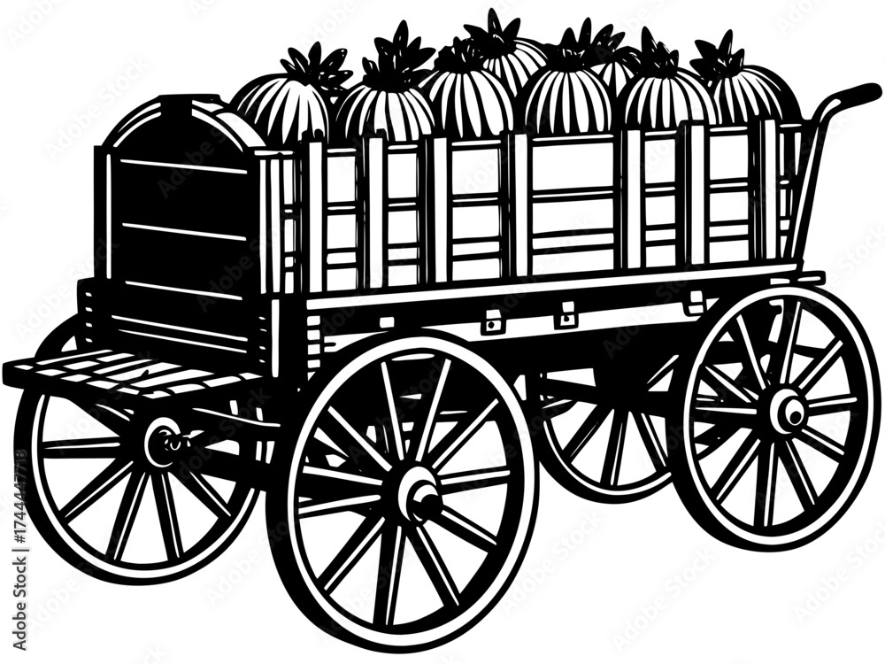 Fototapeta premium Rustic hayride wagon loaded with pumpkins for autumn festivities. Traditional hayride wagon offers charming transport for seasonal activities