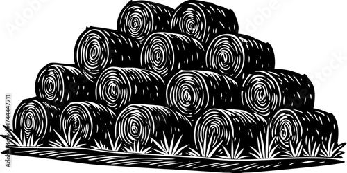 Stacked hay bales in a field with grass surrounding, showcasing rustic agricultural charm. Stacked hay bales represent farm life and are ideal for agriculture-related themes.