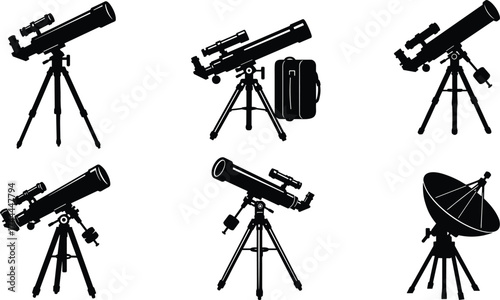 Telescope silhouette illustration, astronomy equipment design, stargazing tool graphic, satellite dish artwork, space observation element, vintage science symbol, celestial exploration resource