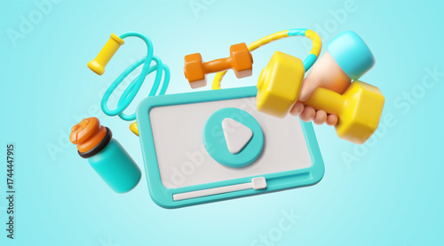 Sport time 3D cartoon plastic style vector design, start application on tablet screen, workout, training online service