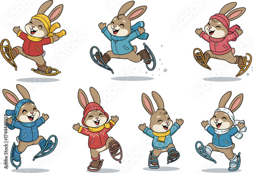 Winter rabbits, cartoon animals, snow fun, ice skating, snowshoeing, kids illustration, seasonal outfit, cute characters, holiday joy, playful scene