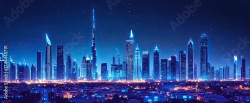 A panoramic view of the city skyline at night, illuminated by blue neon lights and futuristic skyscrapers