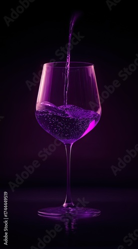 A photograph of purple liquid being poured into a wine glass against a black background