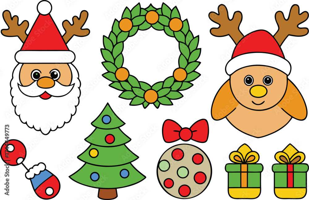 Fototapeta premium Festive christmas vector bundle santa claus reindeer wreath tree presents icons isolated on transparent background