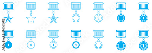 Set of winning award icons featuring trophies, victory cups, medals, and prize symbols representing achievement and success in flat vector style.