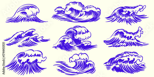 Atlantic tidal waves. Vintage old engraved hand drawn labels. Marine and nautical or sea, ocean background for banner or poster. set of Isolated vector illustration.