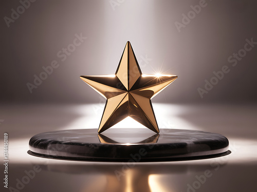 Golden star trophy awarded on a dark pedestal with spotlight