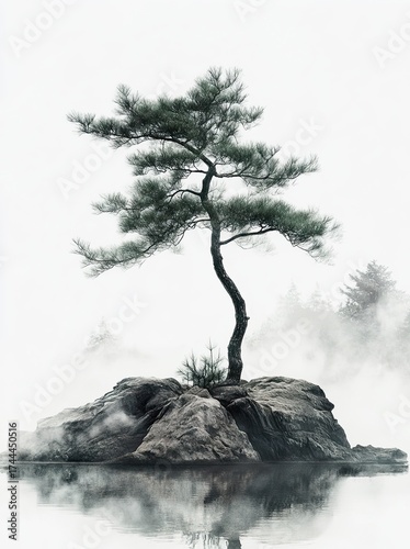A solitary pine tree grows from a rugged rock island, reflected perfectly in still misty water under a pale sky