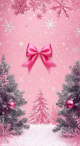 A pink Christmas-themed background with snowflakes, stars, and trees with a bow on top 