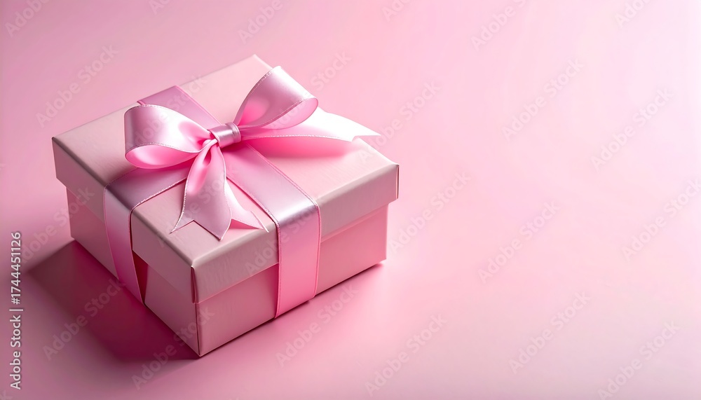Obraz premium A single, square, light-pink gift box, adorned with a matching pink satin ribbon and bow, sits on a soft pink surface