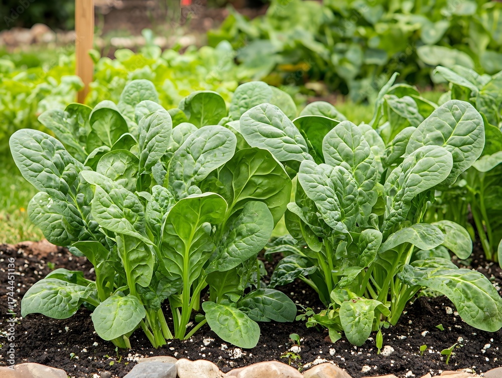 Naklejka premium Fresh Spinach Plants Thriving in a Lush Vegetable Garden Bed