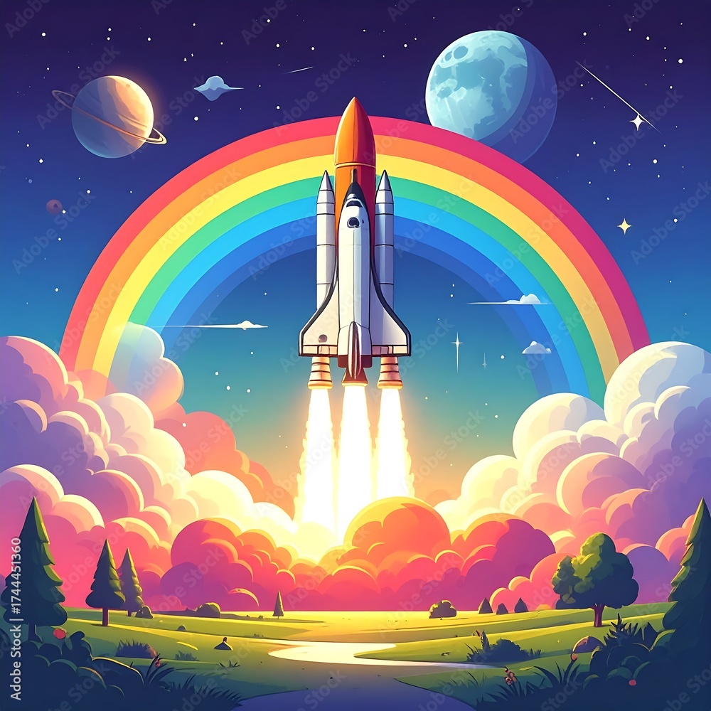 Fototapeta premium Rocket launching through a vibrant rainbow, above a landscape of clouds and trees. A planet and other celestial bodies are visible in the background