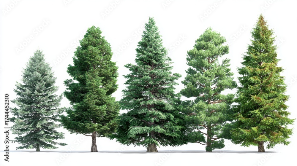 Obraz premium A row of five trees, each with a different color of leaves. The trees are all green, but some are slightly darker than others. The image has a peaceful and serene mood