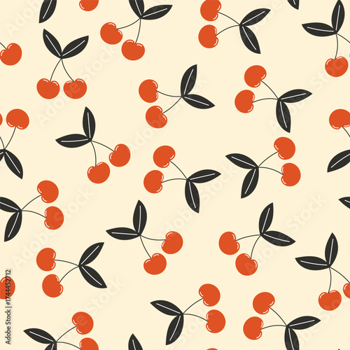 Seamless pattern with red cherries on branch on beige background for summer fruit design