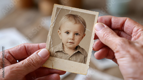 Digital restoration of old damaged photograph in editing process for preservation
