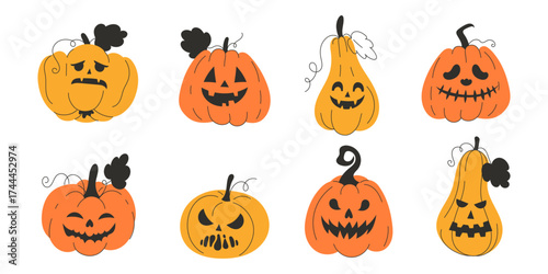 Set of Halloween pumpkins with carved scary and funny faces for spooky holiday design