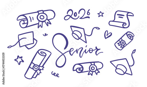 Doodle Graduation elements set with Caps with Tassels, diploma, lettering for 2026 Academic and Celebration Themes. Vector hand drawn sketch collection