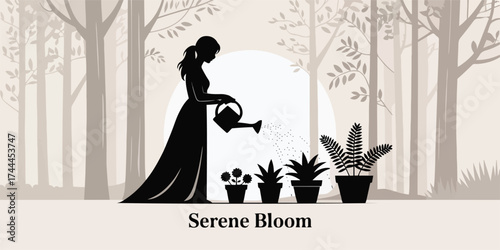 Woman Watering Plants in a Garden Setting