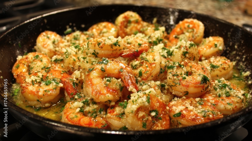 Fototapeta premium A pan of shrimp with garlic and parsley is sitting on a stove. The shrimp are cooked and ready to be served