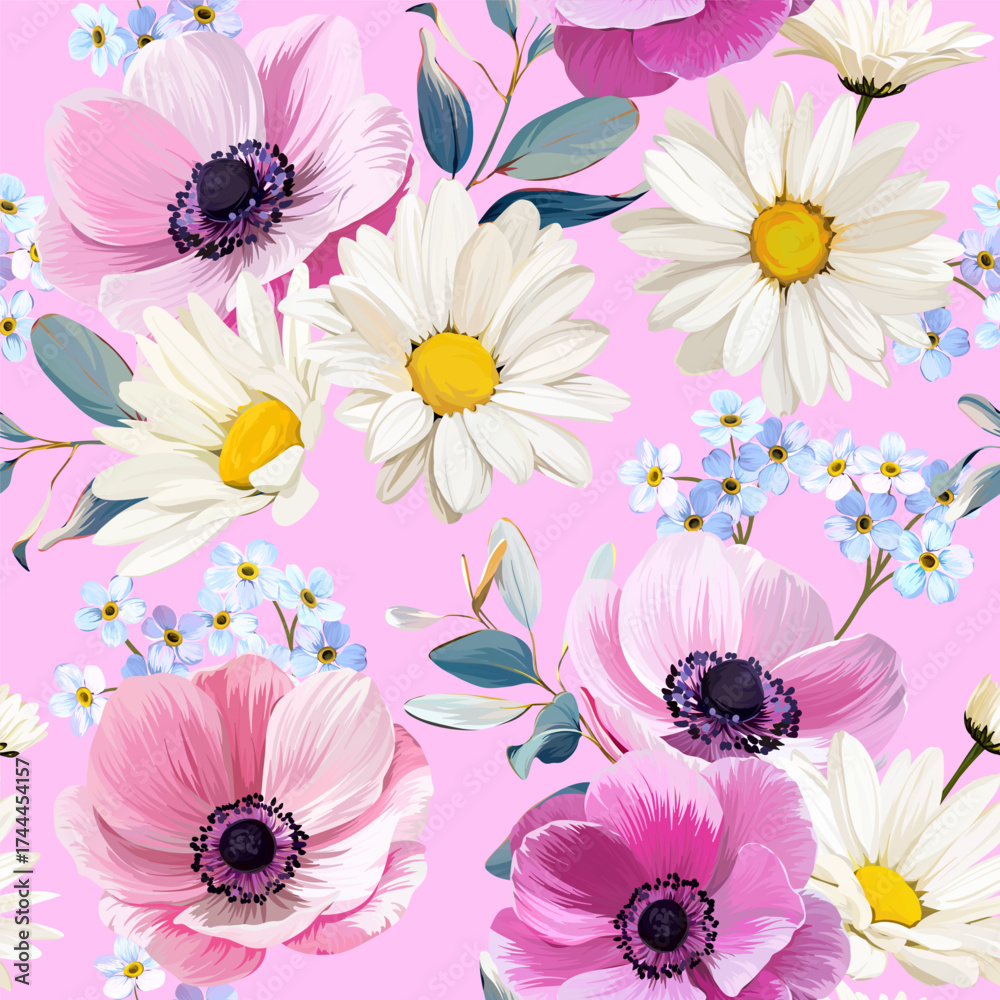 Fototapeta premium Pattern with summer and spring flowers. Vector floral pattern with bright flowers. For paper, fabric, packaging and interior design. 