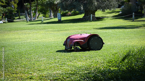 Autonomous Robotic Lawn Mower Working on Green Grass in Sunny Park