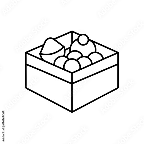 Box filled with many objects on transparent background