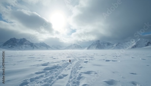A lone person walks across a vast snowfield towards distant snow-capped mountains under a cloudy sky. The winter landscape appears cold and remote, with footprints marking a clear path.