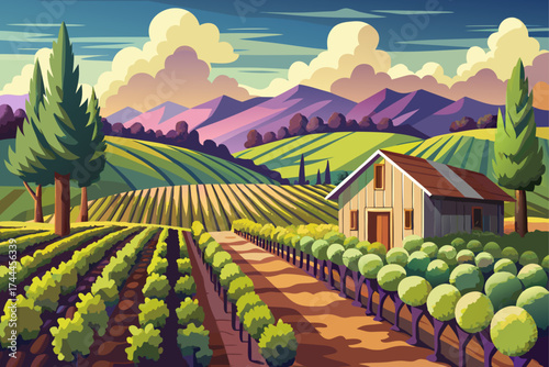 vector of A scenic vineyard with rows of lush vines and a rustic shed under a cloudy sky