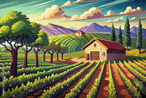 vector of A scenic vineyard with rows of lush vines and a rustic shed under a cloudy sky